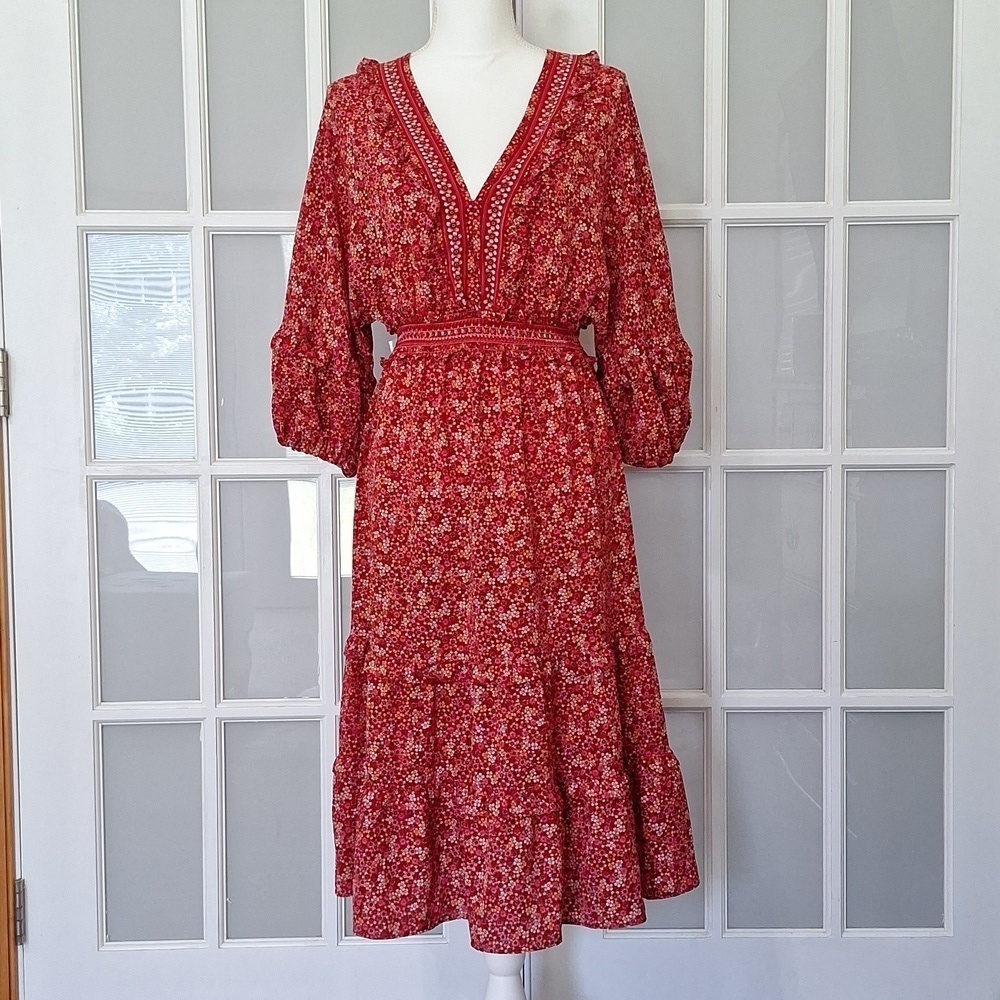 Max Studio Floral V-neck Midi Dress with Balloon Sleeves